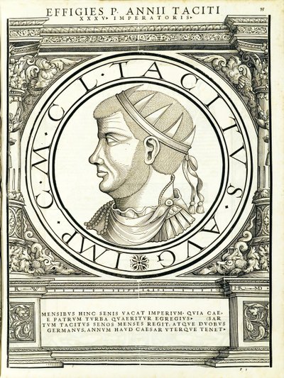 Tacito, illustrazione da Imperatorum romanorum omnium orientalium et occidentalium verissimae imagines ex antiquis numismatis, xilografia di Rudolph Wyssenbach, stampata da Andreas Gesner, Zurigo da Hans Rudolf Manuel Deutsch